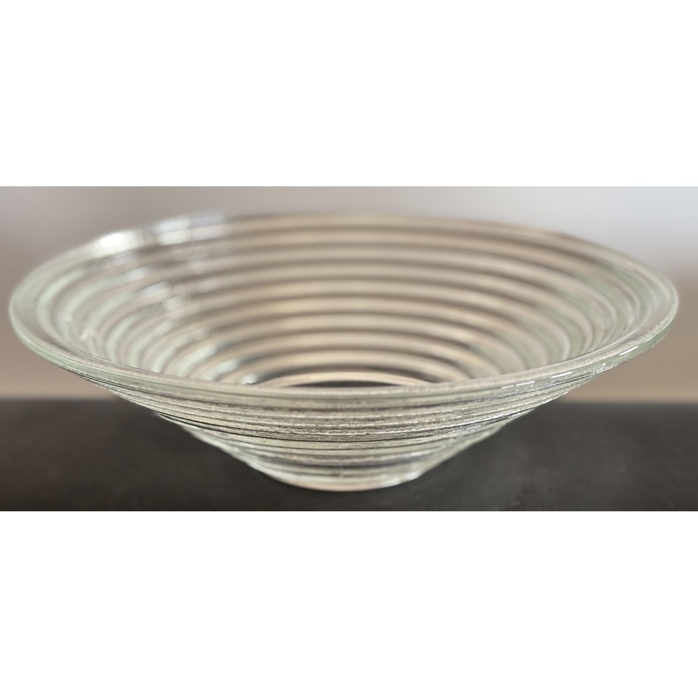 Vtg Clear Glass Manhattan Serving Bowl 10" Concentric Rings Horizontal Ribbed
